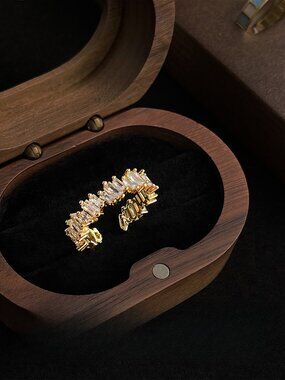 Gold Tone Baguette CZ Open Ring Adjustable Statement Band Sparkling Elegant